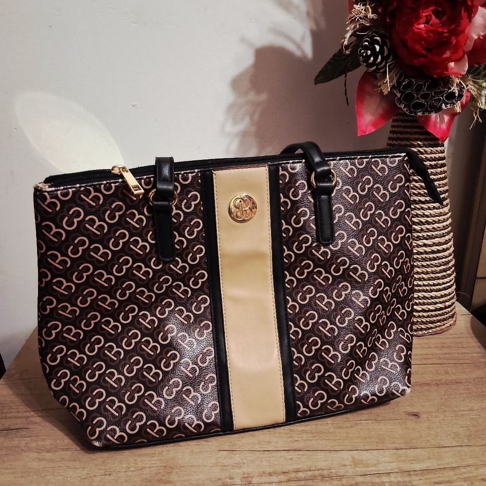 Stylish Brown and Tan Satchel Man Made Material - Picture 3 of 10